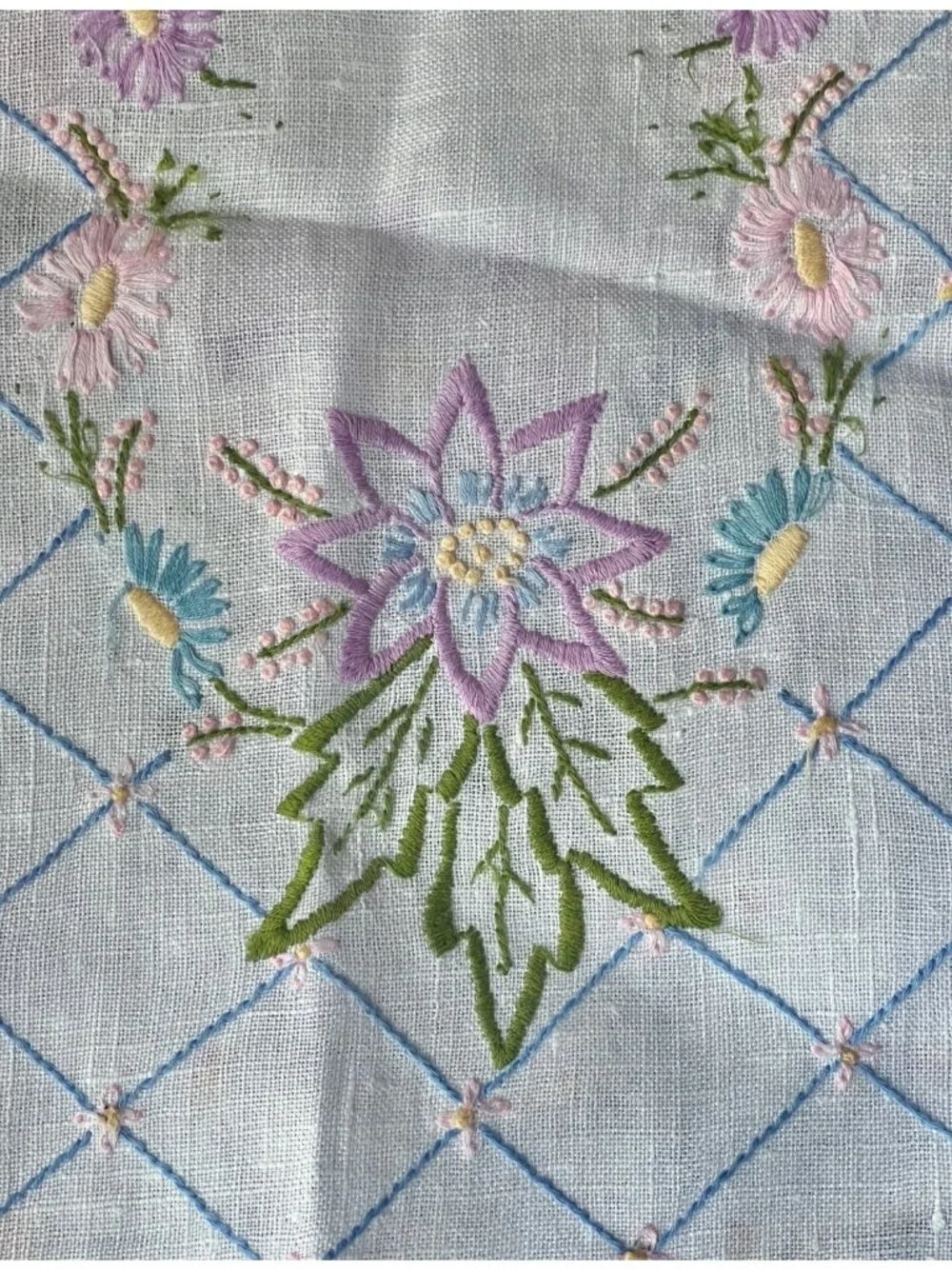 Vintage Hand-Embroidered Linen Dresser Scarf With Crocheted Edges & Floral Desig